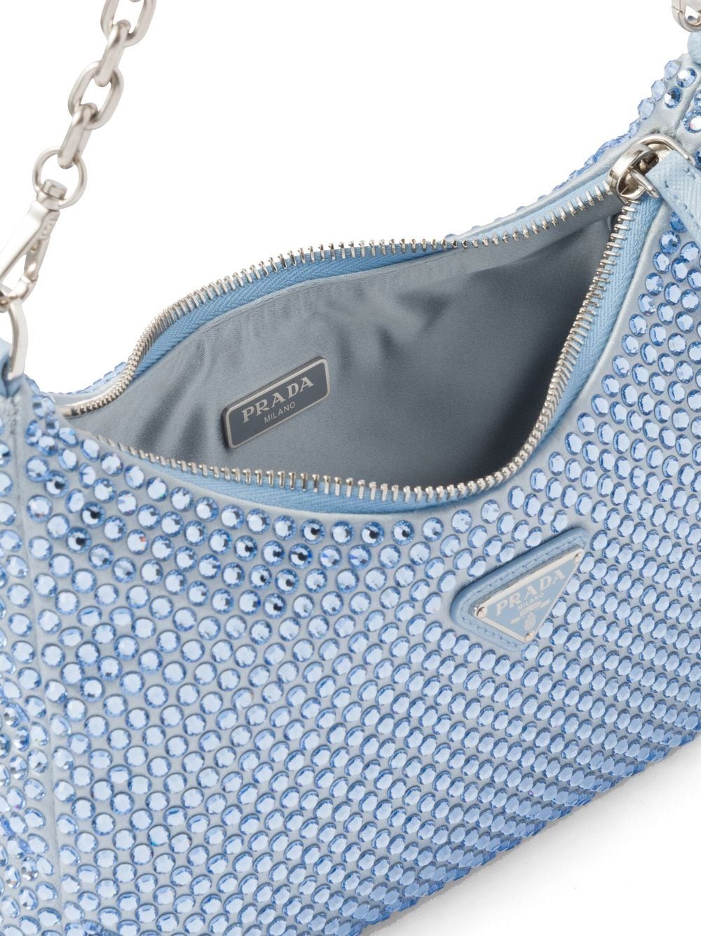 Prada Re-Edition 2000 White Satin Silver Crystal Nylon Shoulder Mini Hobo  Bag