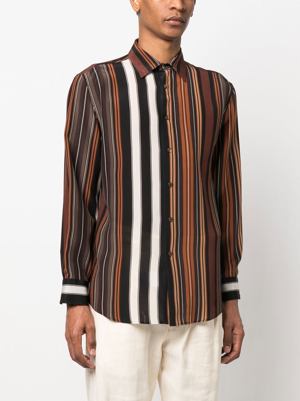 Shop Etro Striped Long-sleeve Silk Shirt In Brown