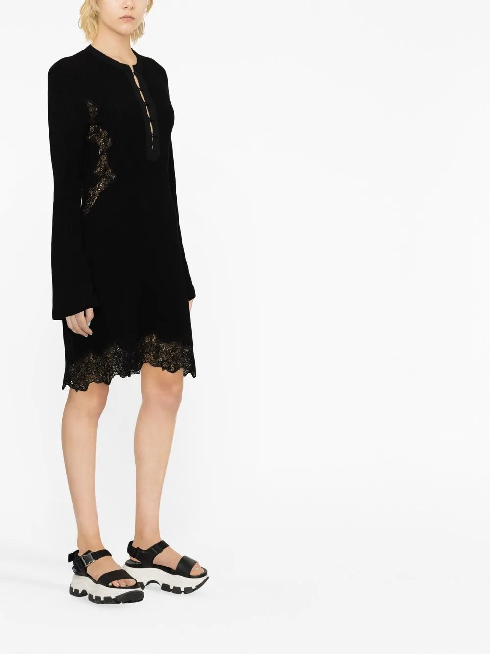 Chloé Lace-trimmed Ribbed Wool Mini Dress In 001 Black