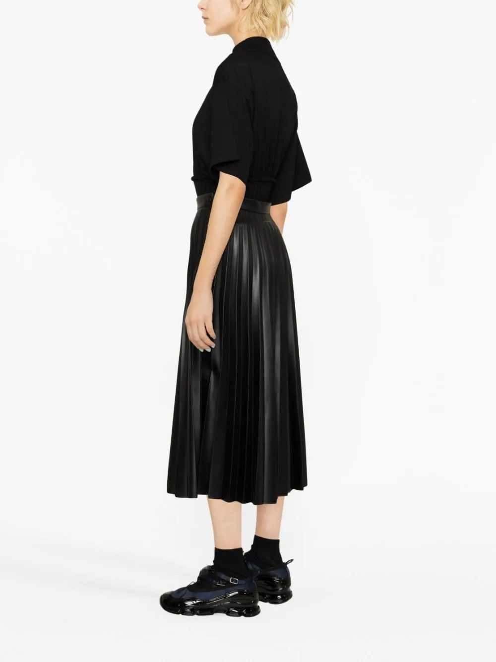 Mm6 Maison Margiela Pleated Faux Leather Midi Skirt In 900 Nero