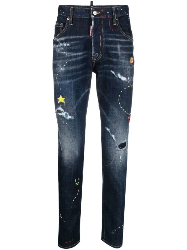 DSQUARED2 Illustrated Distressed Skinny Jeans Blue FARFETCH BE