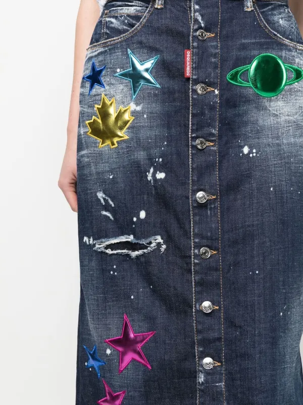 Distressed embellished denim skirt hot sale