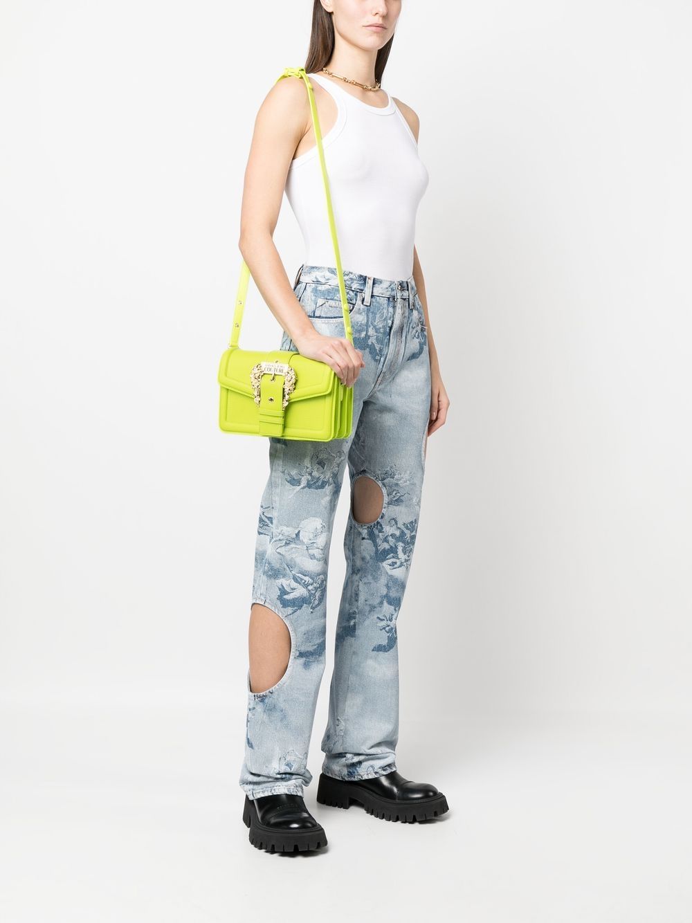 Shop Versace Jeans Couture Baroque-buckle Shoulder Bag In Green