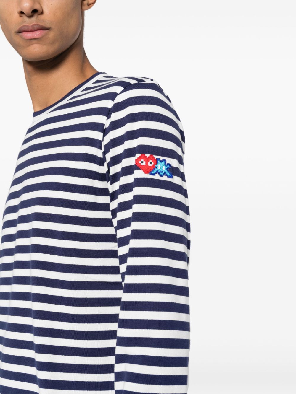 Shop Comme Des Garçons Play X The Artist Invader Pixelated-appliqué Striped T-shirt In Blue