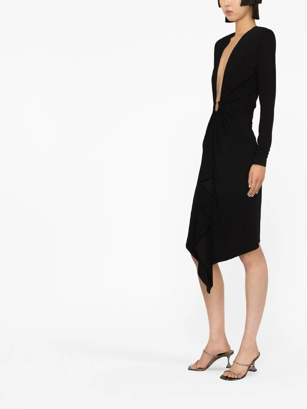 Shop Alexandre Vauthier V-neck Gathered Midi Dress In Black