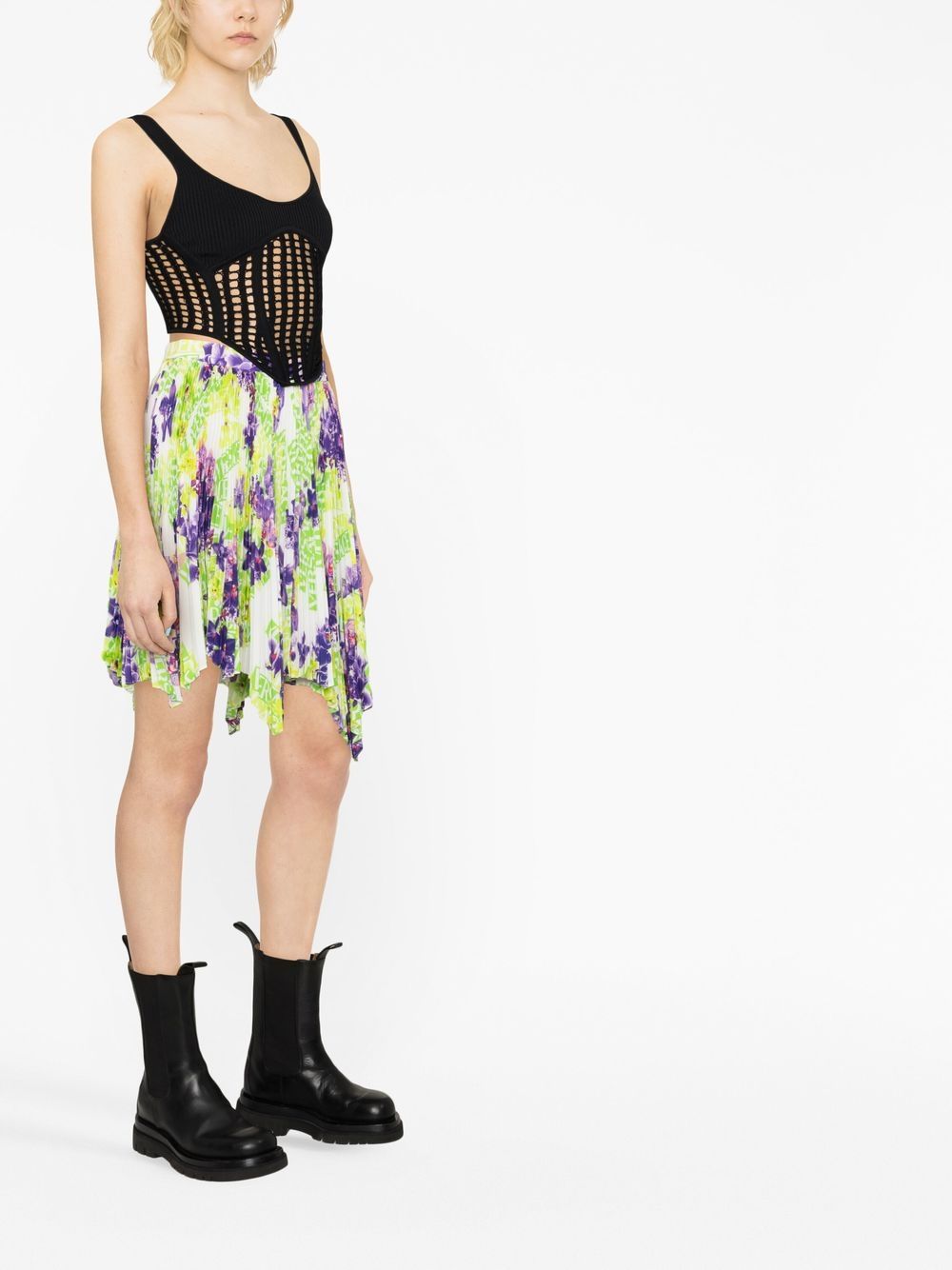 Shop Versace Logo Orchid-print Pleated Asymmetric Skirt In Grün