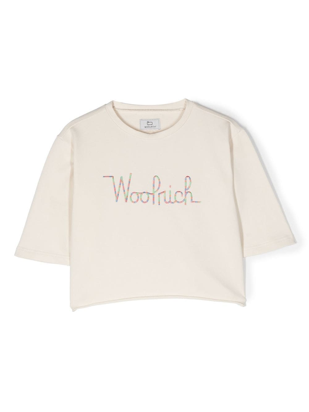 Woolrich Kids' Logo-embroidered Cropped T-shirt In Neutrals
