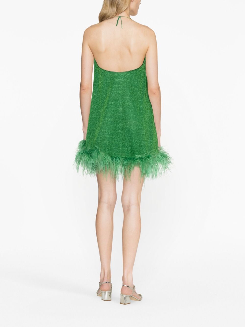 Shop Oseree Lurex-detail Feather-trim Dress In Green