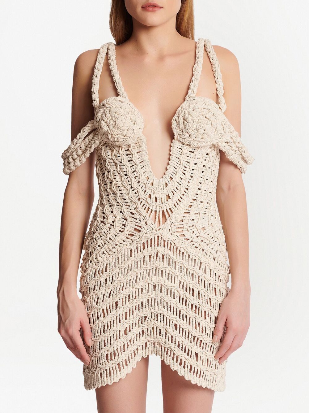 Shop Balmain Off Shoulder Macrame Knit Dress In Neutrals