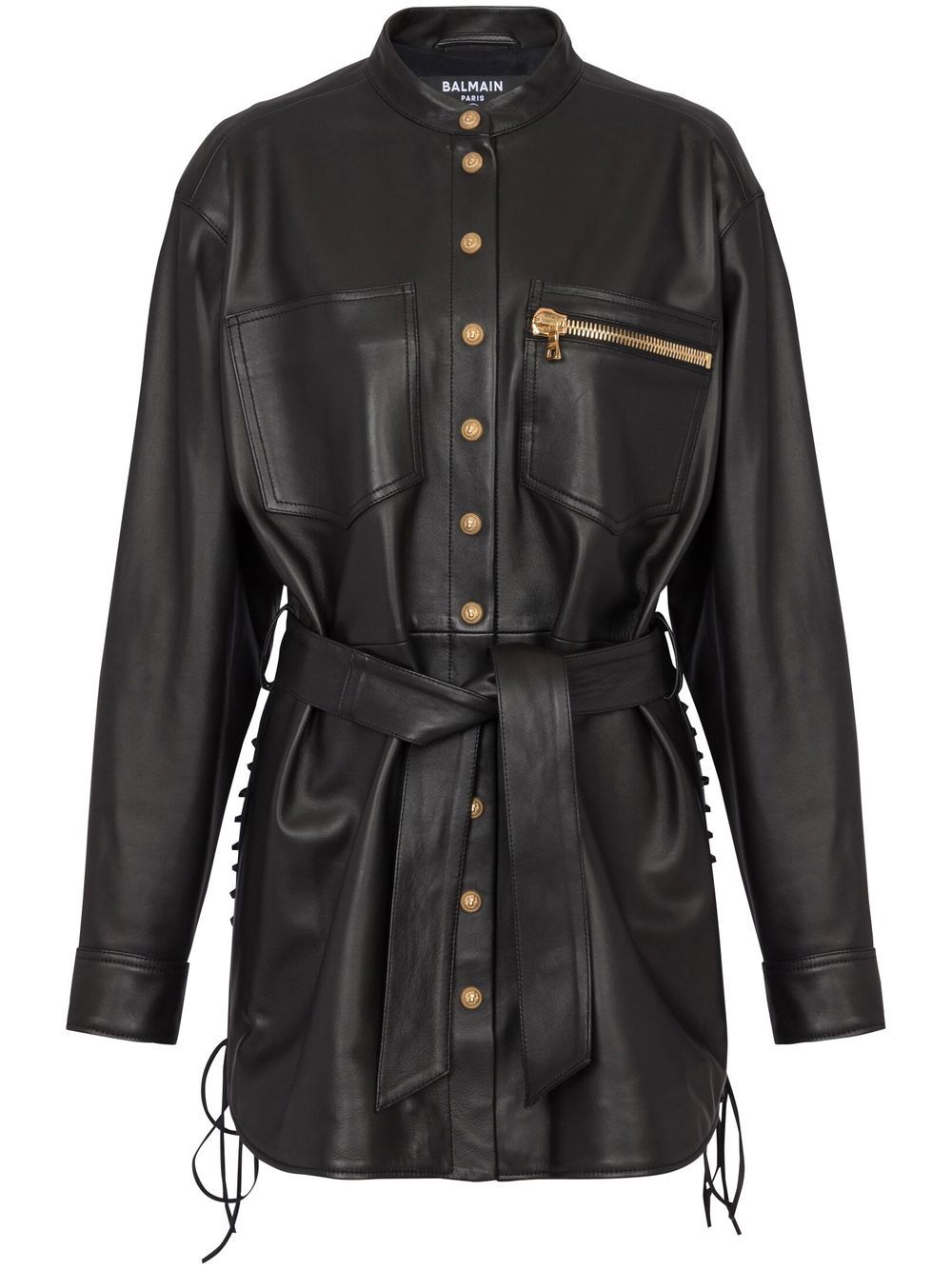 Balmain Leather Belted Overshirt Dress In Noir | ModeSens
