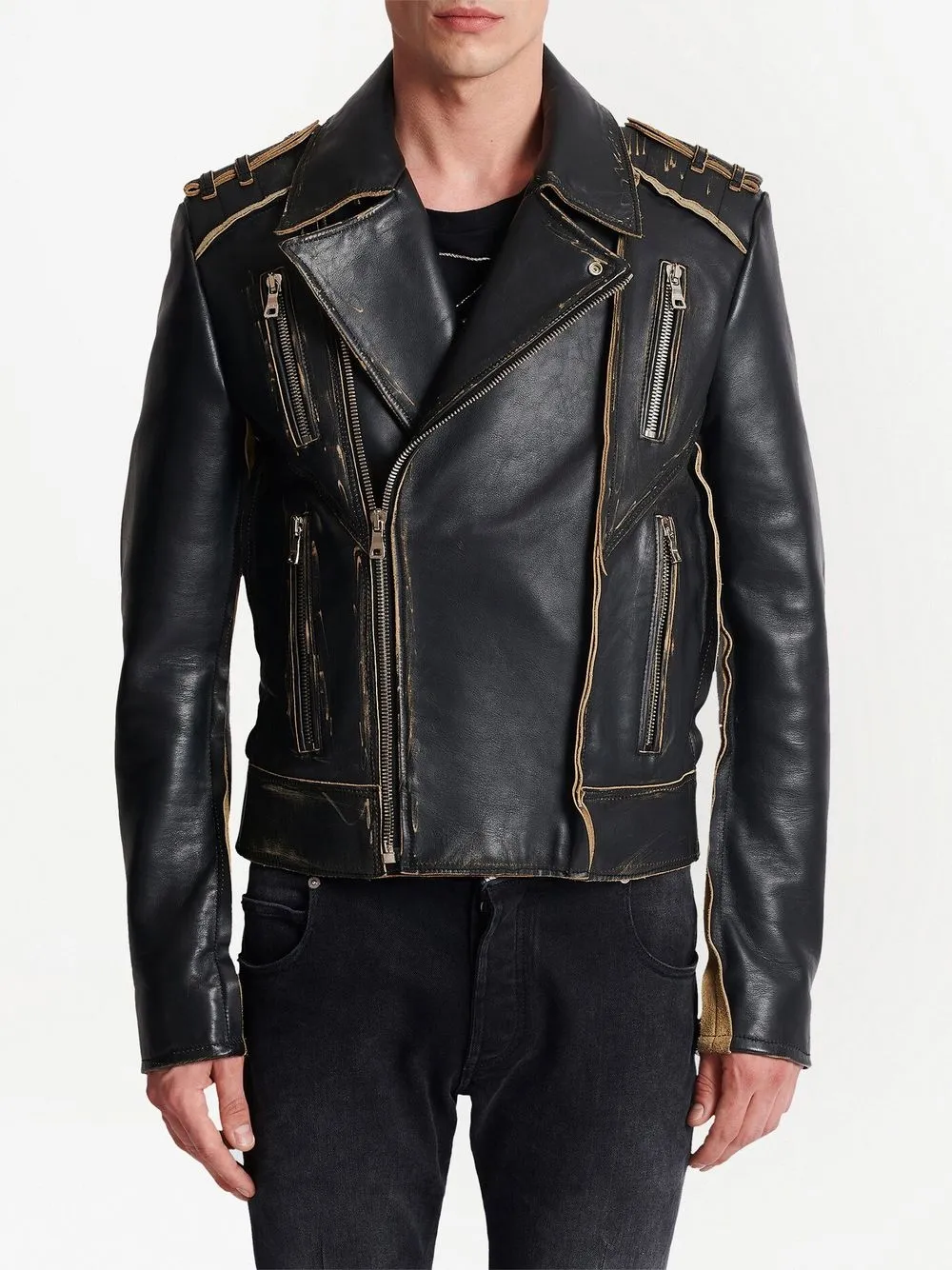 Shop Balmain Deconstructed Leather Biker Jacket In Black