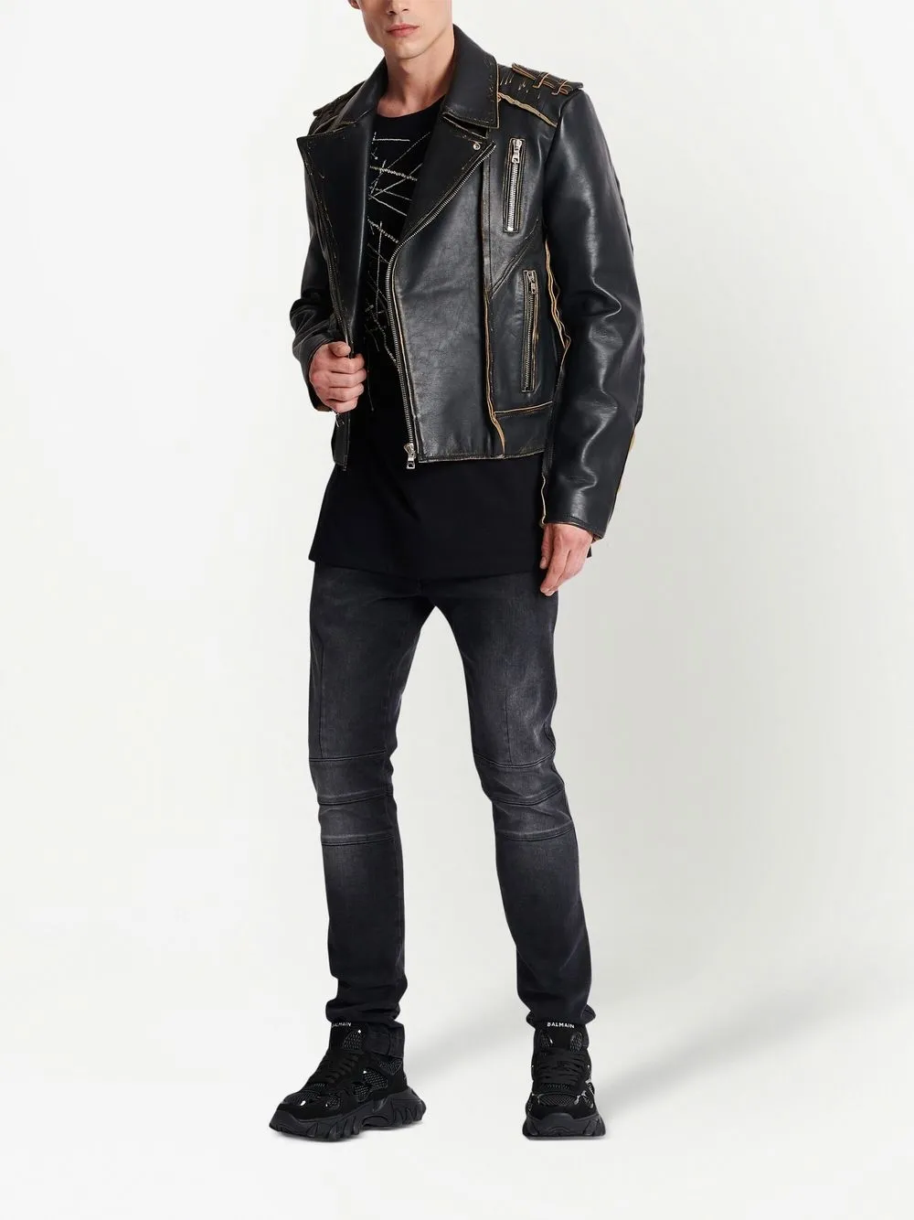 Shop Balmain Deconstructed Leather Biker Jacket In Black