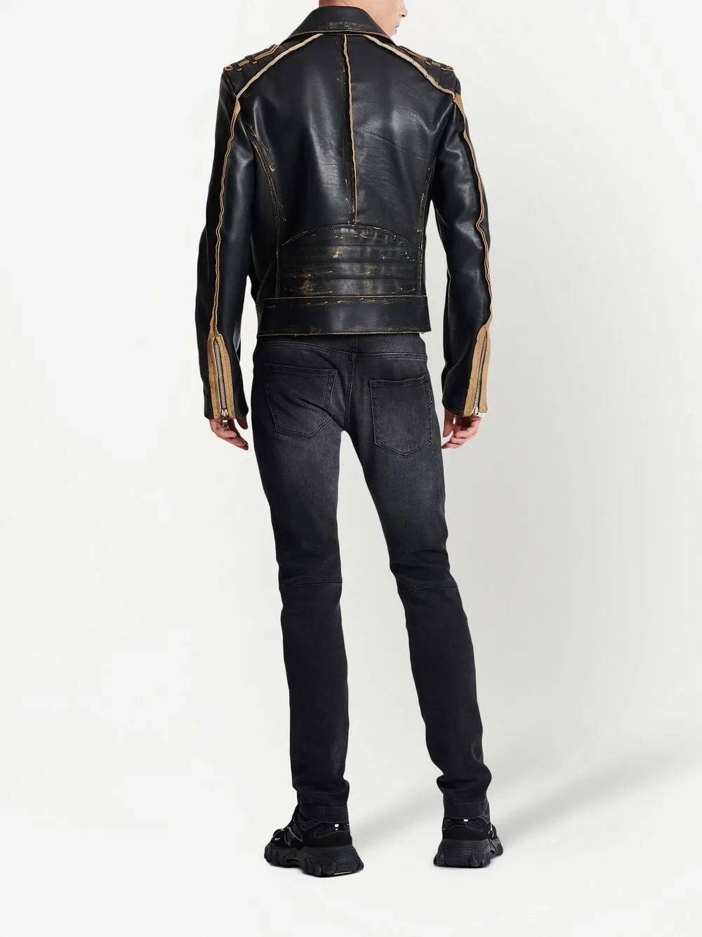 Shop Balmain Deconstructed Leather Biker Jacket In Black