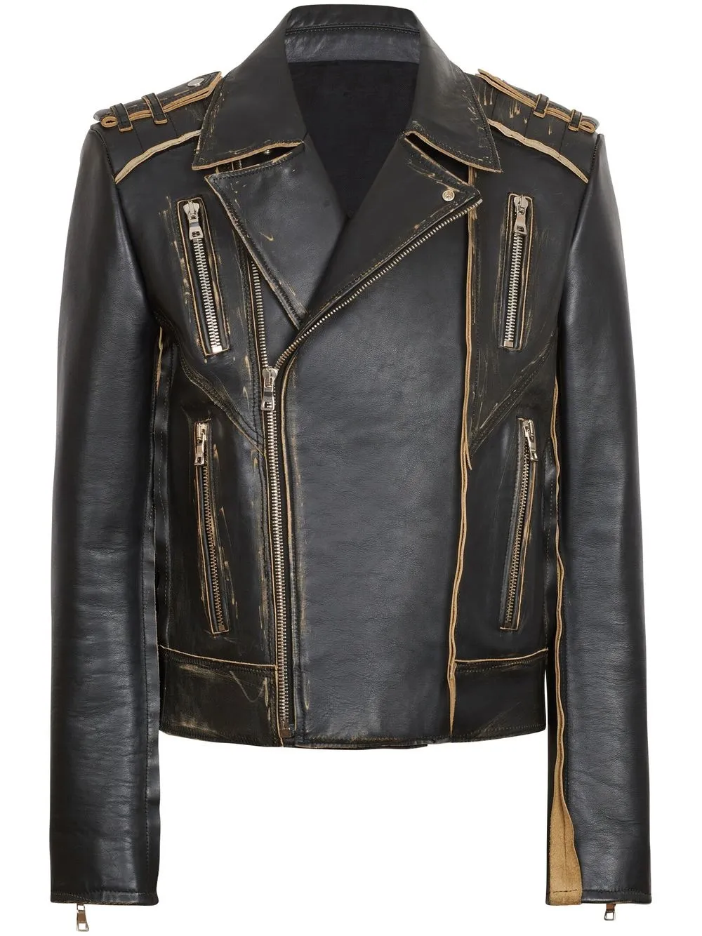 Balmain Deconstructed Leather Biker Jacket In Noir Beige