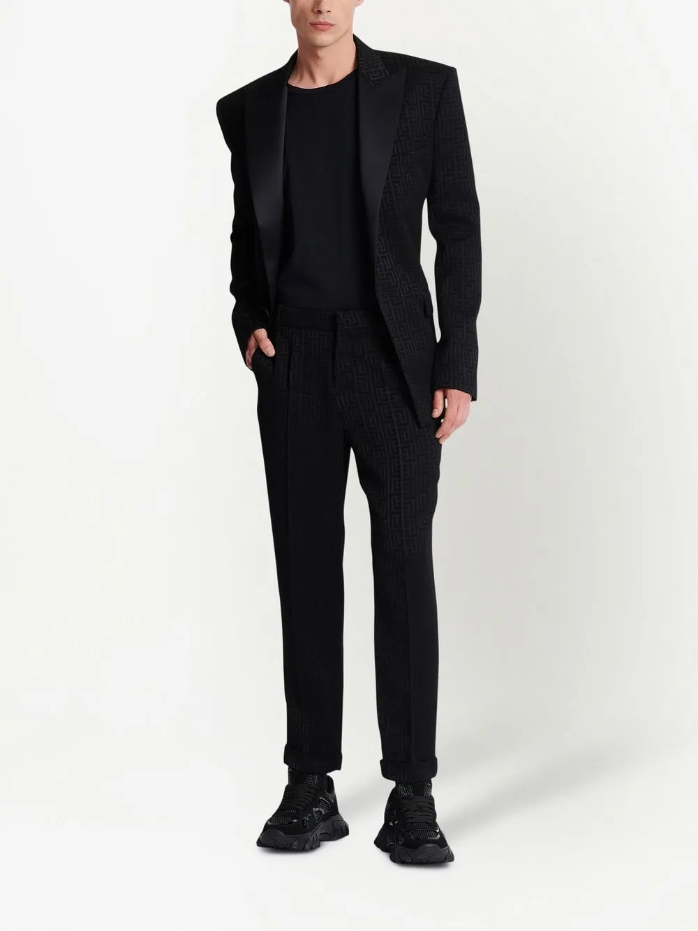 Shop Balmain Monogram Jacquard Tailored Trousers In Black