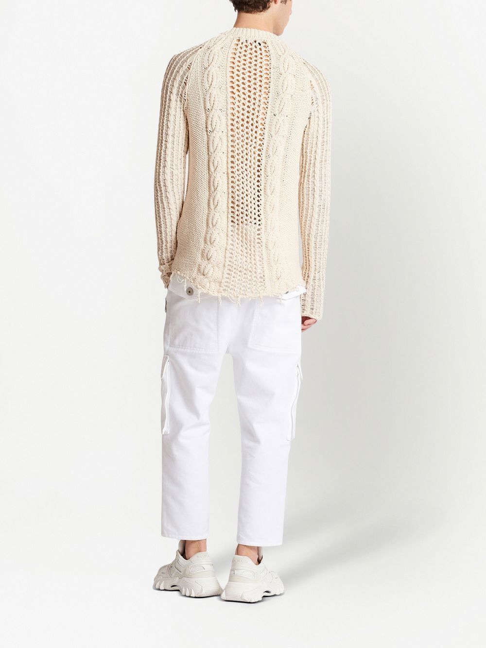 Shop Balmain Distressed Cable-knit Jumper In Neutrals