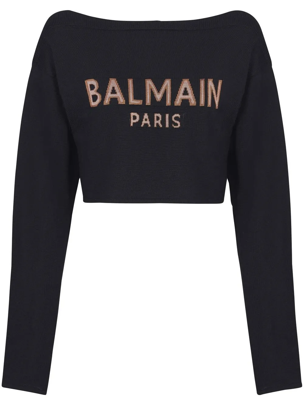 Balmain Wool Knit Boat Neck Logo Cropped Sweater In Black