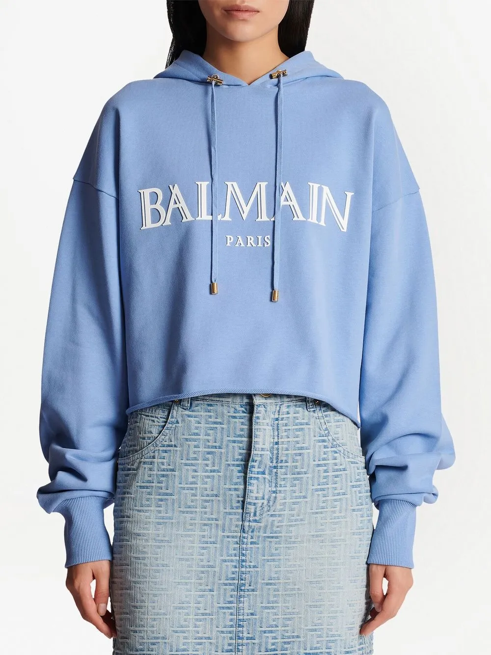 Balmain Cropped Hoodie With Rubber Roman  Logo In Blue