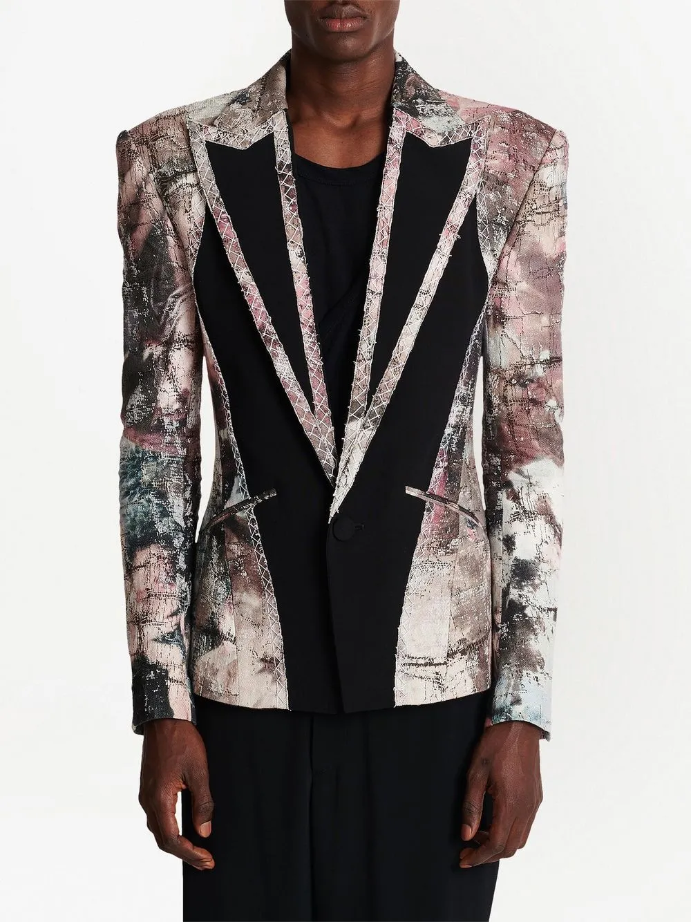 Balmain Abstract-print Linen Blazer In Black