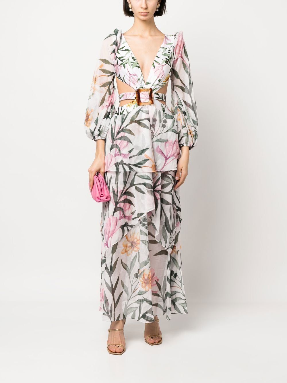 Shop Patbo Jasmine Floral-print Belted Dress In Neutrals