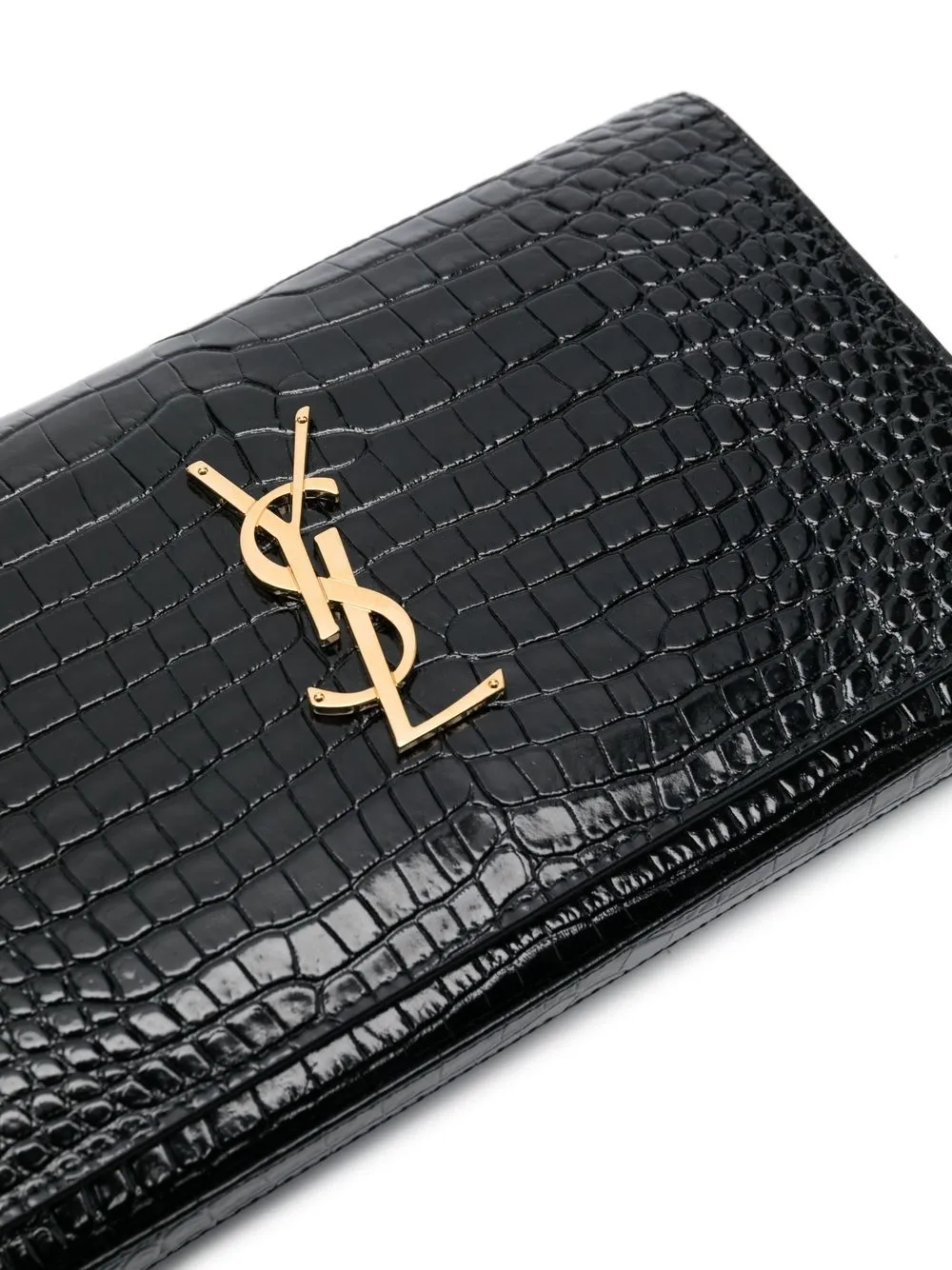 Ysl Kate Croc-Embossed Wallet on Chain, Black Calf Leather