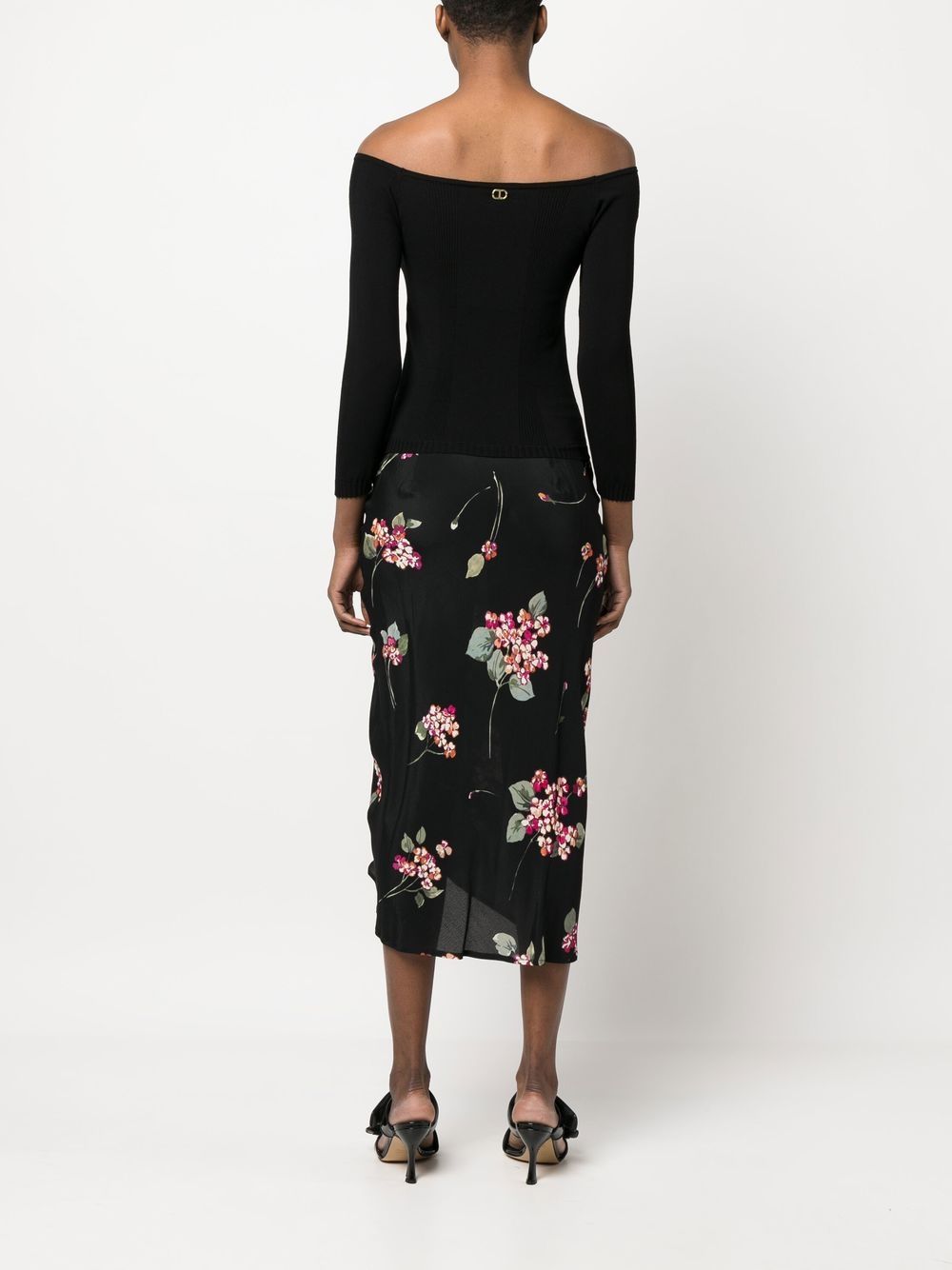Shop Twinset Draped Floral-print Midi Dress In Schwarz