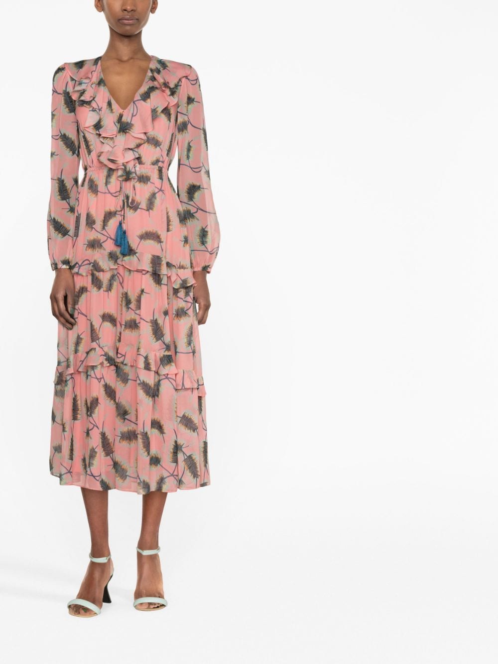 Shop Saloni Feather-print Pleated Dress In Rosa