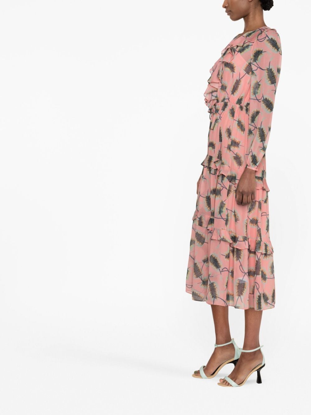 Shop Saloni Feather-print Pleated Dress In Rosa