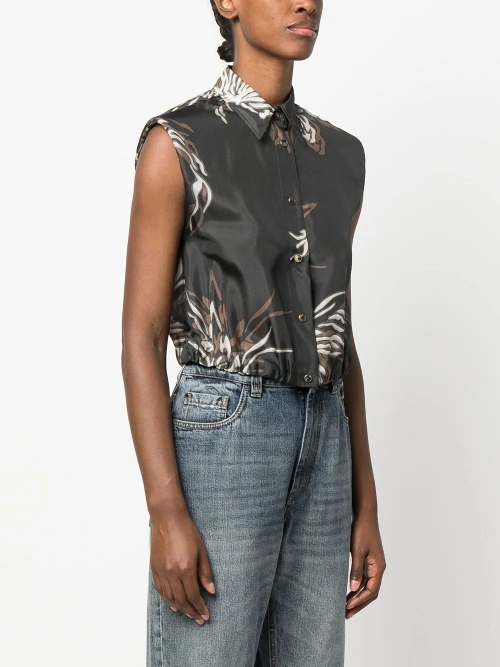 Brunello Cucinelli Silk Marine Flower Pongee Sleeveless Shirt With Monili In Grey