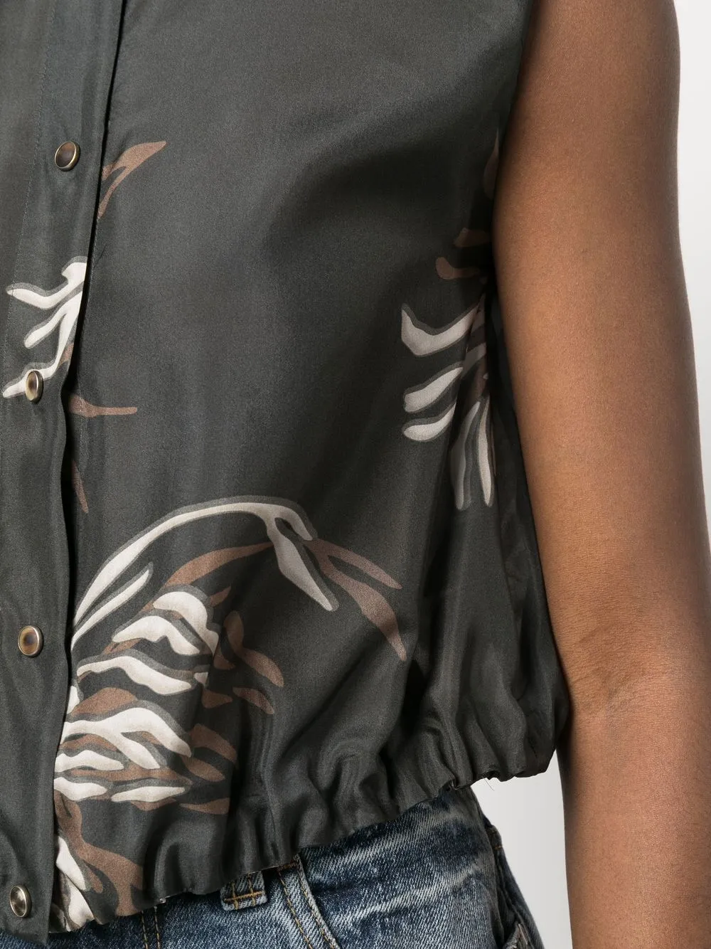 Brunello Cucinelli Silk Marine Flower Pongee Sleeveless Shirt With Monili In Grey