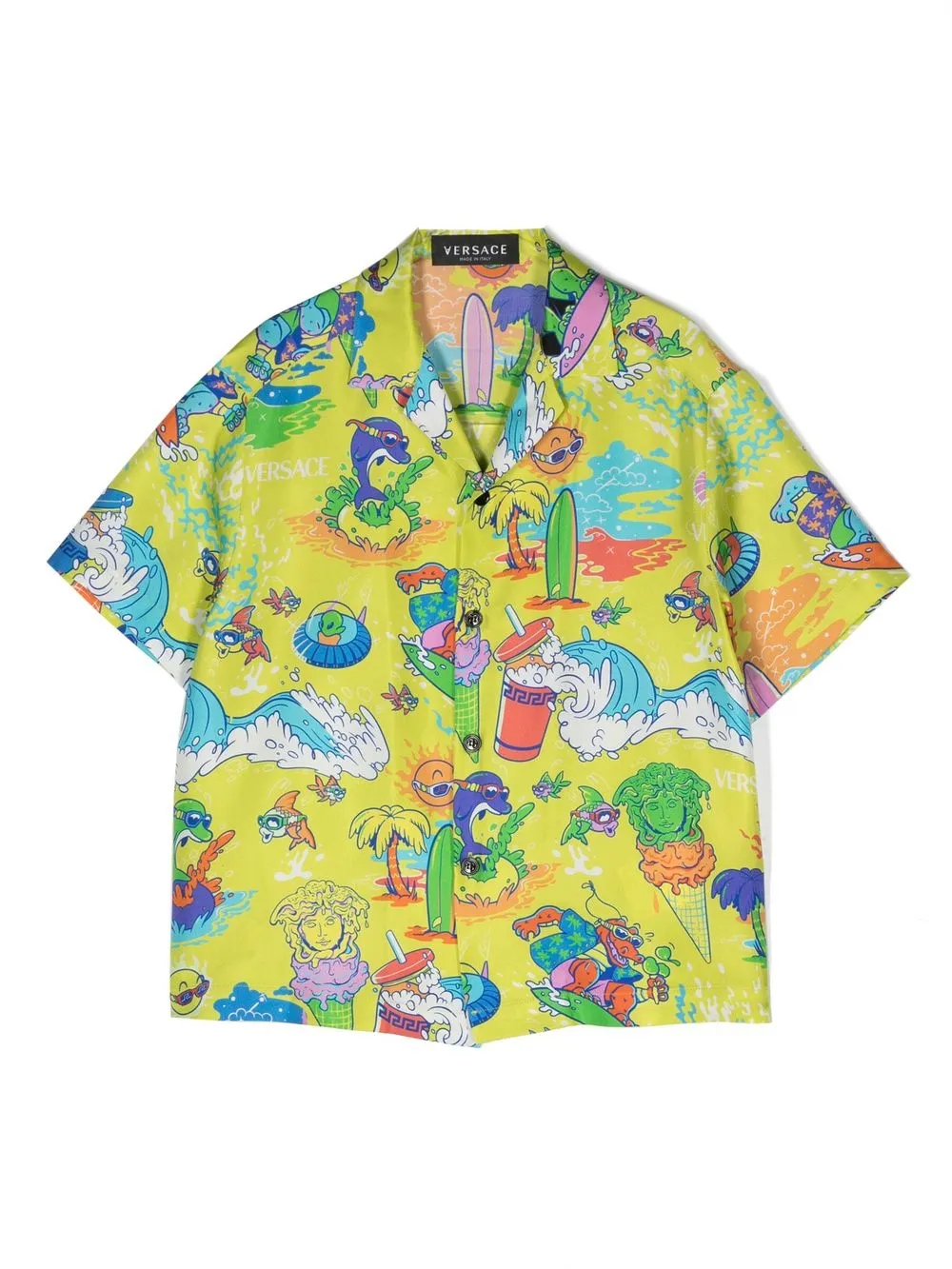 Versace Kids' Logo-print Silk Shirt In Multicolor