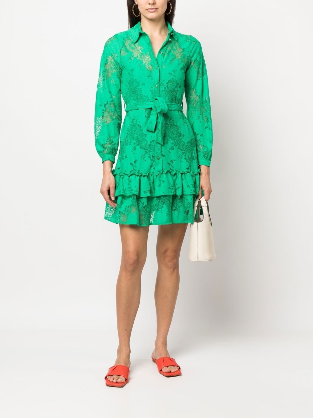 Shop Liu •jo Sheer-lace Detail Shirt Dress In Green