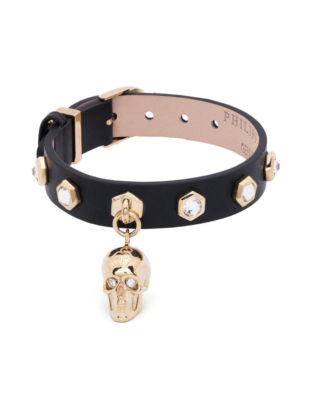 skull-charm leather bracelet