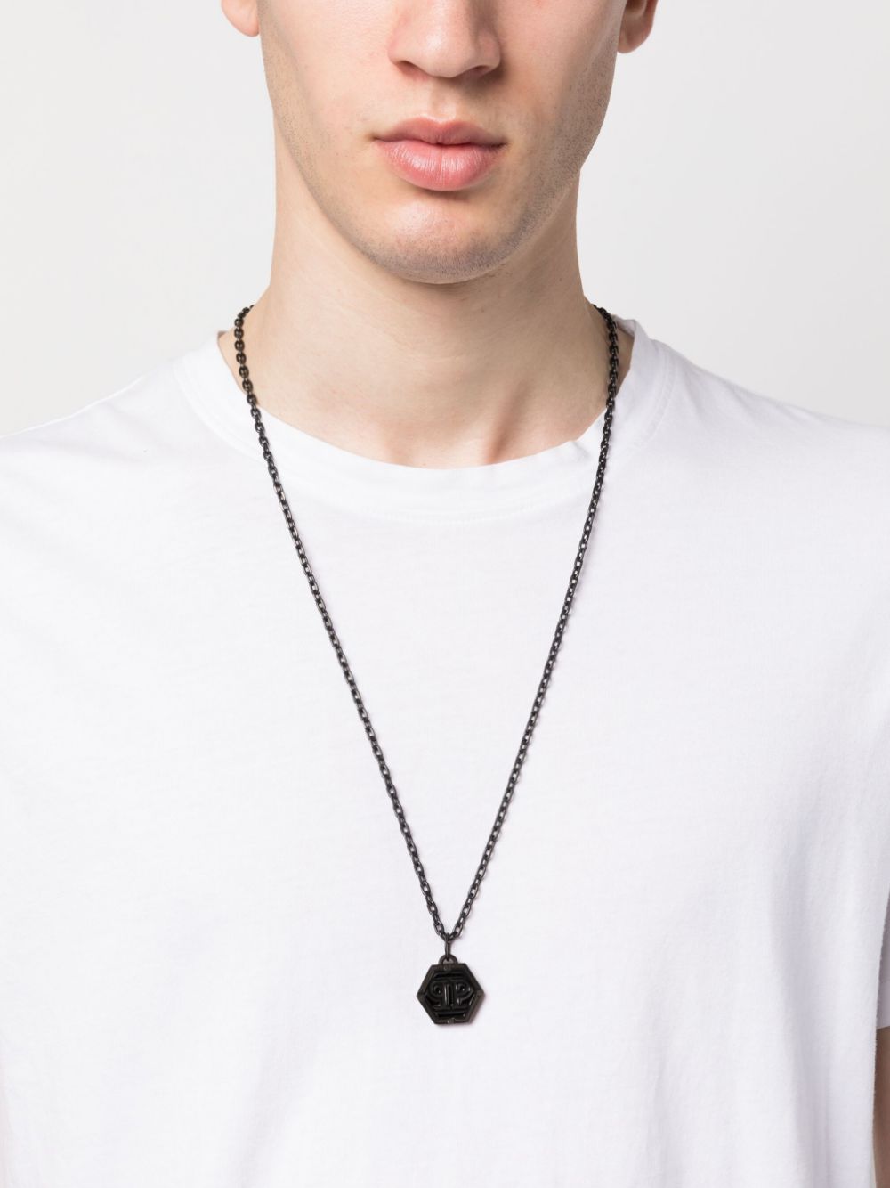 Philipp Plein Hexagon logo-plaque necklace - Grijs