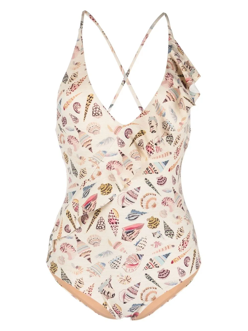 

Marysia shell-print ruffle swimsuit - Neutrals