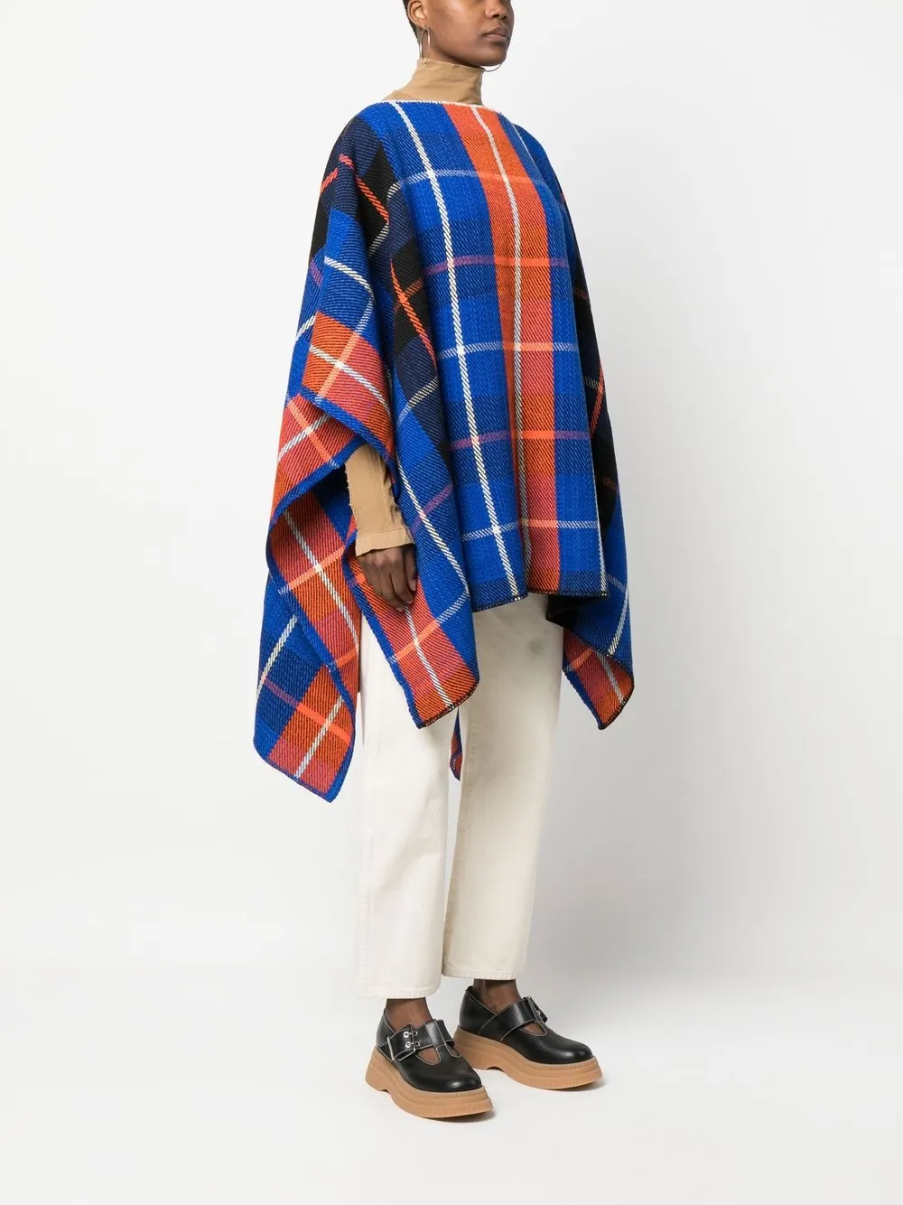 Colville Windowpane-pattern Wool Poncho In Blue