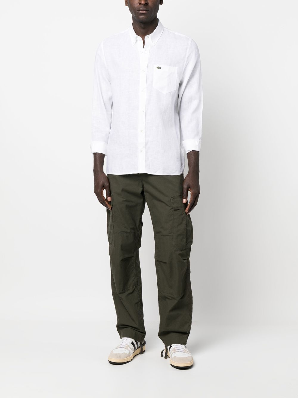 Shop Lacoste Logo-embroidered Button-down Shirt In White