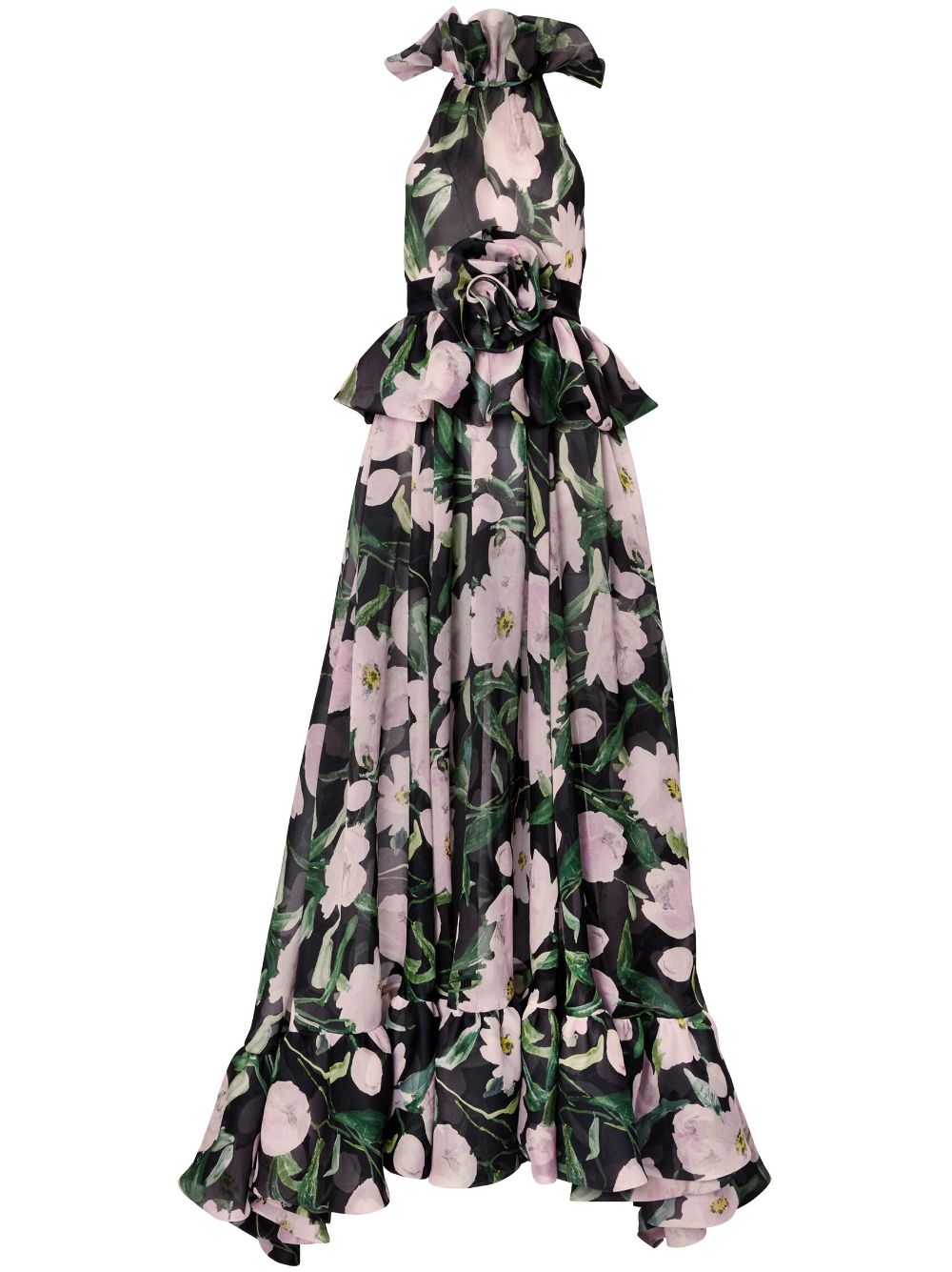 Carolina Herrera Peplum-waist Floral Silk Dress In Black