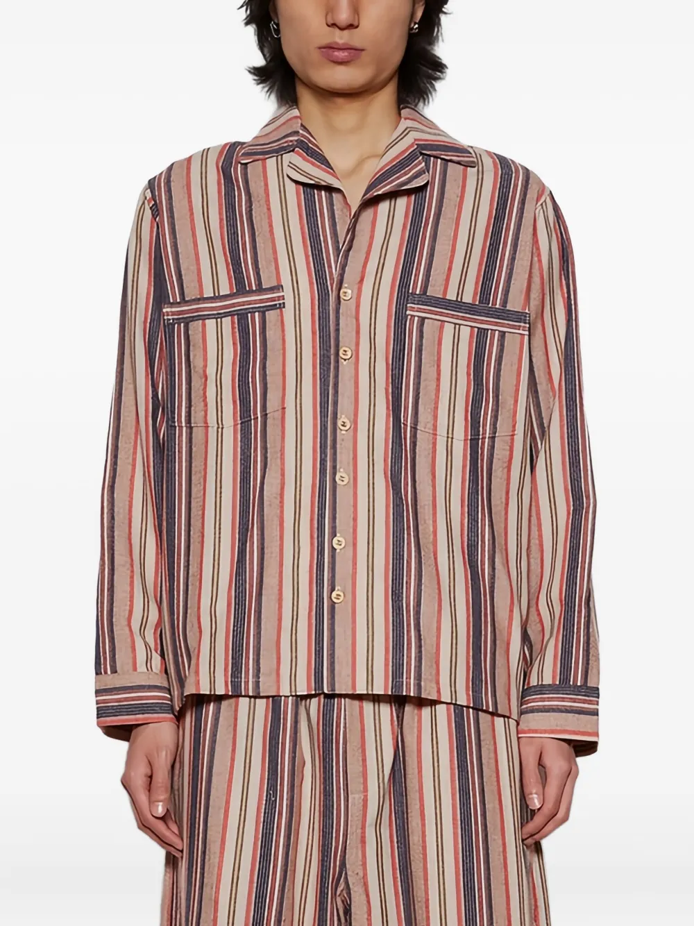 The Elder Statesman Gestreept overhemd met zak Beige