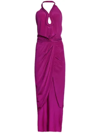 slim fit dress slacks Halter Purple Floral Print A-Line Chiffon Bridesmaid Dress – FancyVestido