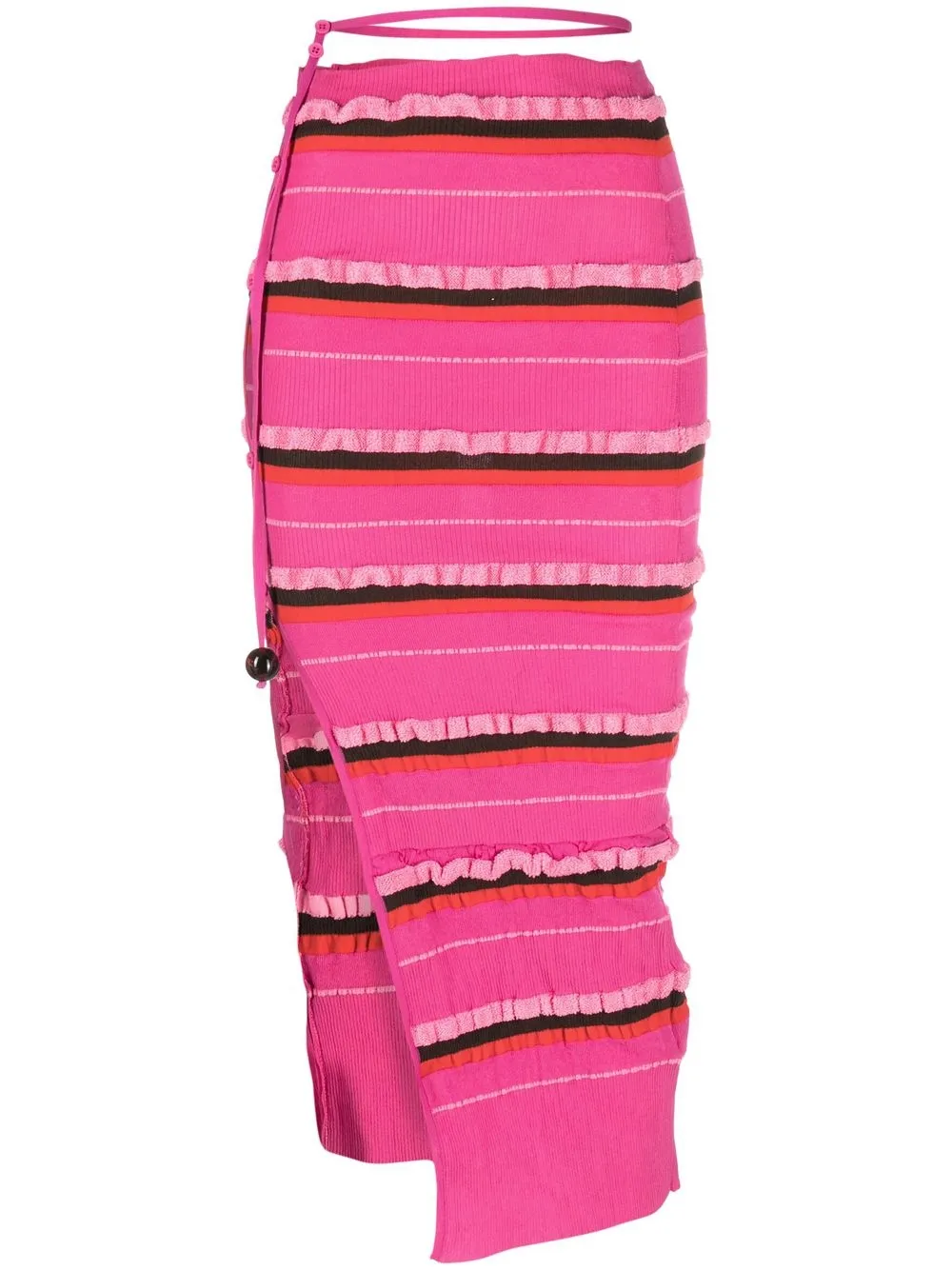 Jacquemus Concha Cutout Striped Ruched Seersucker Midi Skirt In Pink