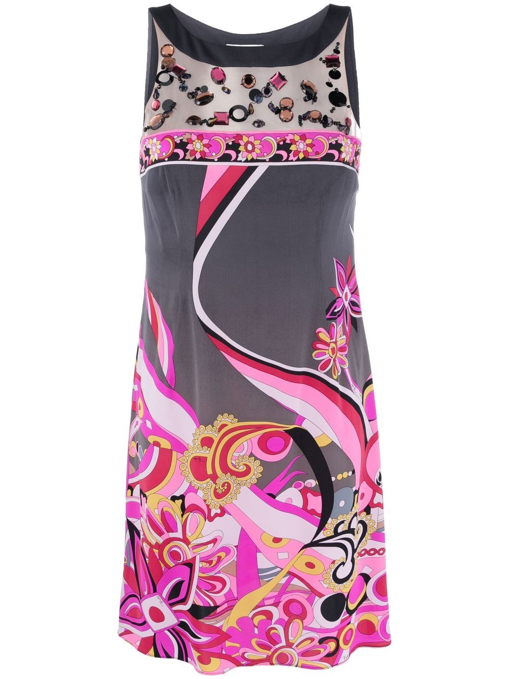 Pre-owned Pucci 2000s Floral Print Rhinestone Appliquée Silk Dress In Grey With Fucsia Pattern