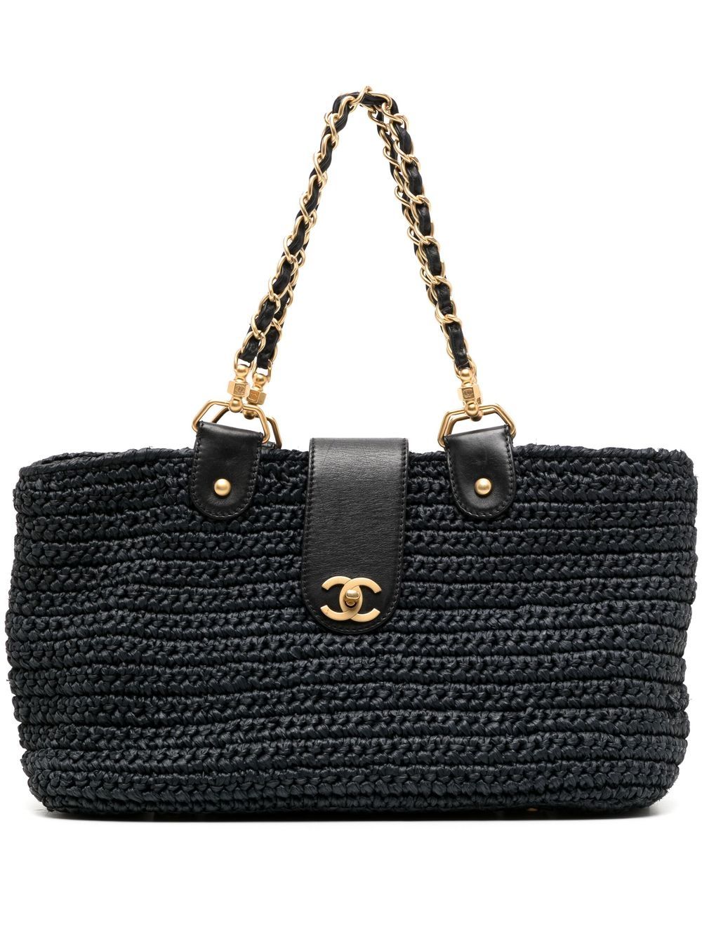 Pre-owned Chanel 2005-2006 Cc Turn-lock Woven Tote Bag In Black