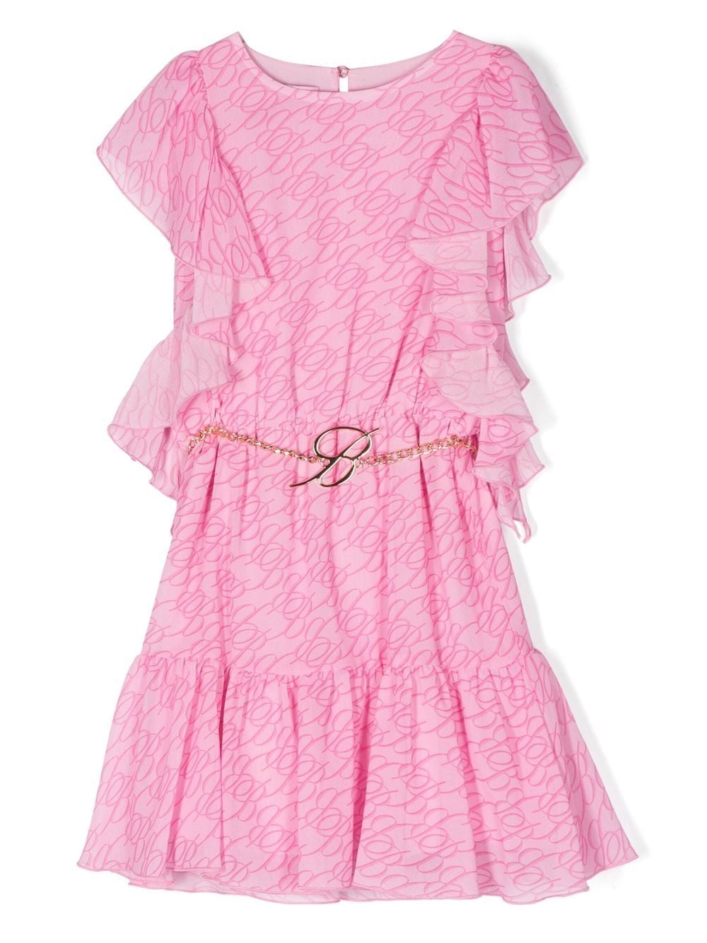 Shop Miss Blumarine Logo-belt Ruffle-detail Dress In Pink