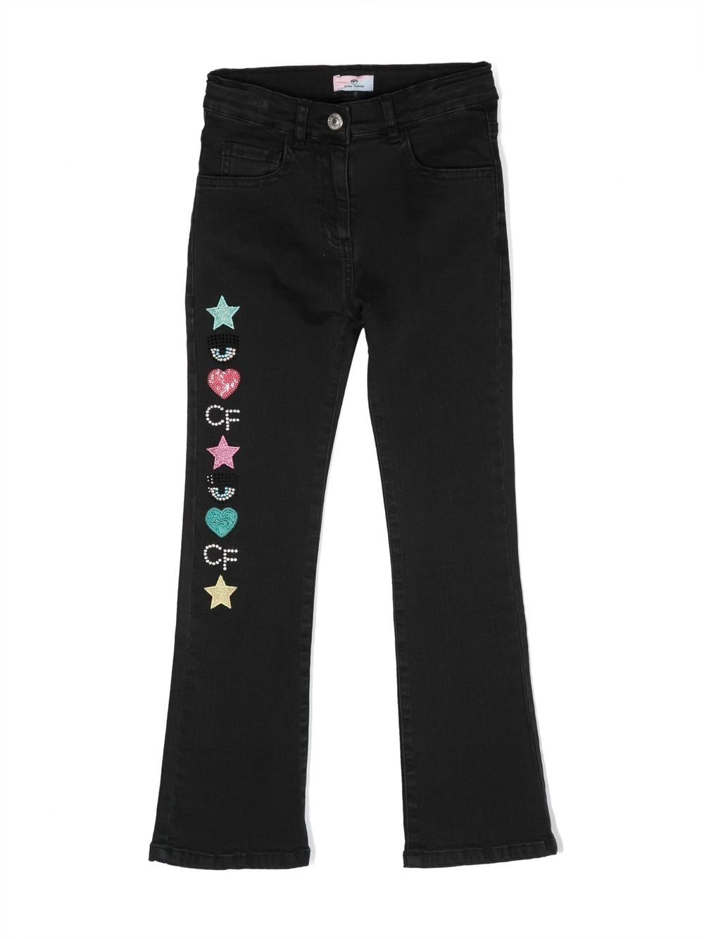 Chiara Ferragni Kids' Flared Embellished-logo Detail Jeans In Black