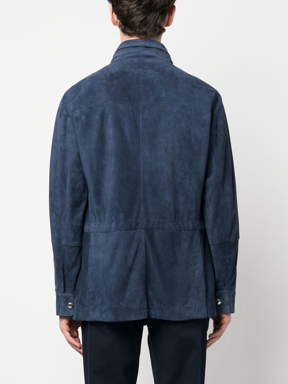 Brunello Cucinelli Concealed-hood Suede Jacket In Blue 