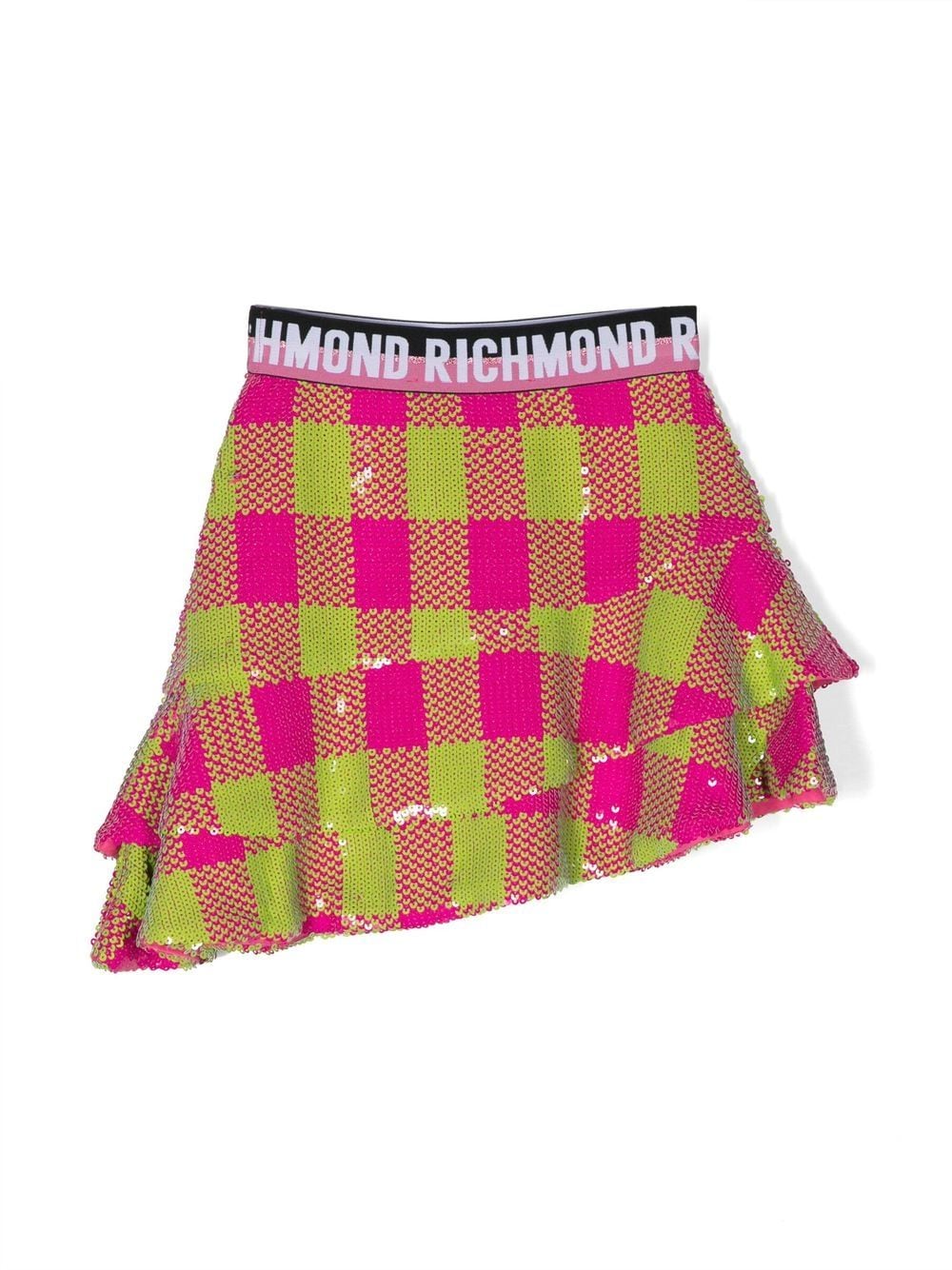 Shop John Richmond Junior Asymmetric Check-printed Sequin Skirt In Pink