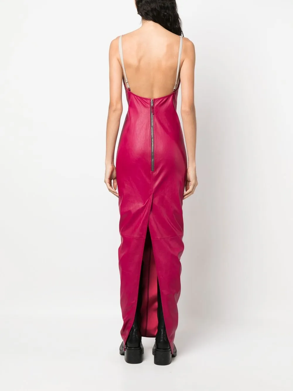 Rick Owens Leather Fitted Long Dress With Hook Strap Details In Pink