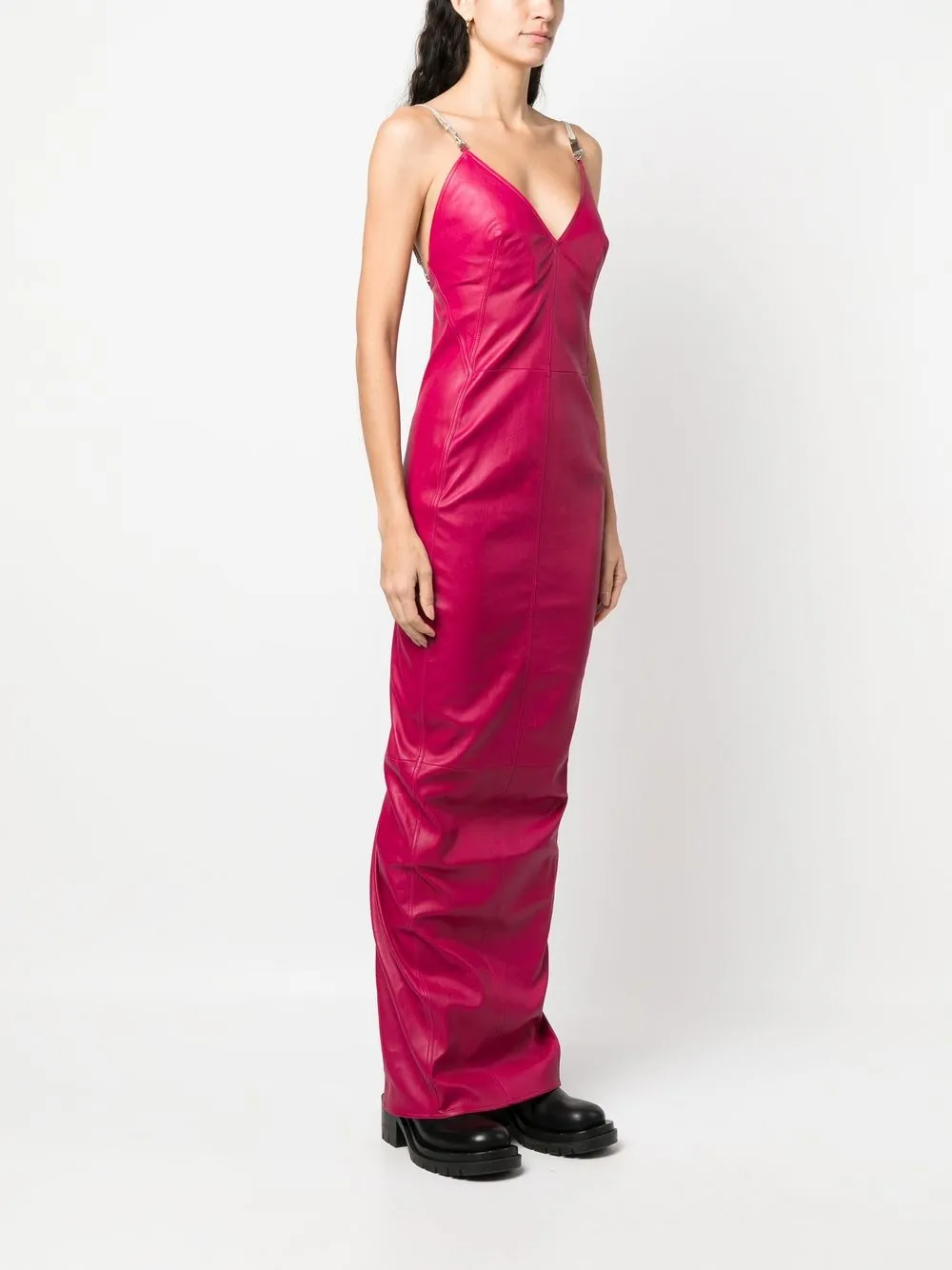 Rick Owens Leather Fitted Long Dress With Hook Strap Details In Pink