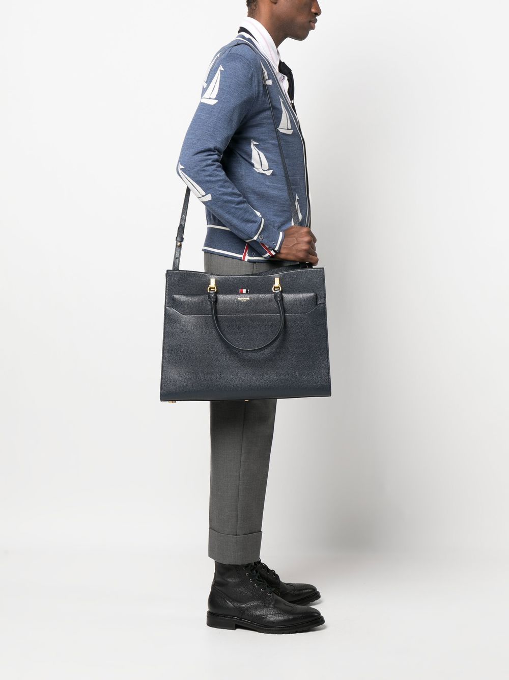 Shop Thom Browne Pebbled-leather Duet Tote In Blue